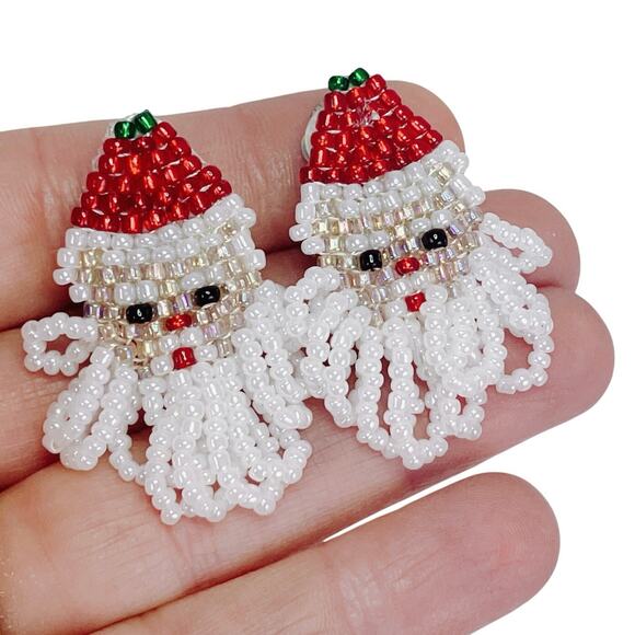 Vintage Beaded Santa Clip On Earrings Christmas Handmade Holiday Jolly Jewelry - Picture 2 of 10